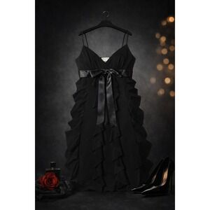 Betsy & Adam Black Cocktail Dress Size 4 Satin Waist Tie Layered Ruffle USA